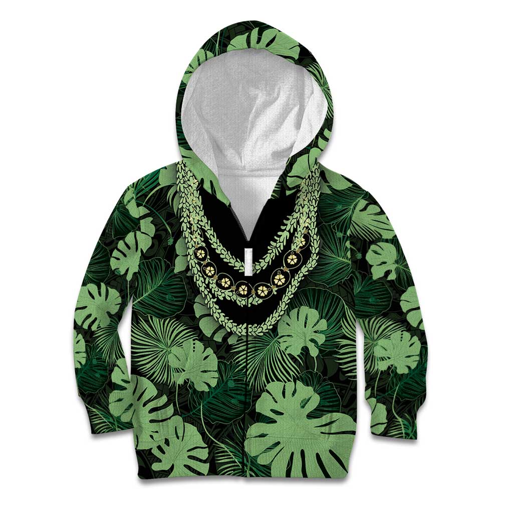 Green Hawaii Kukui Nut Lei Kid Hoodie Hawaiian Pattern Monstera Tropical Vibes - Polynesian Pride