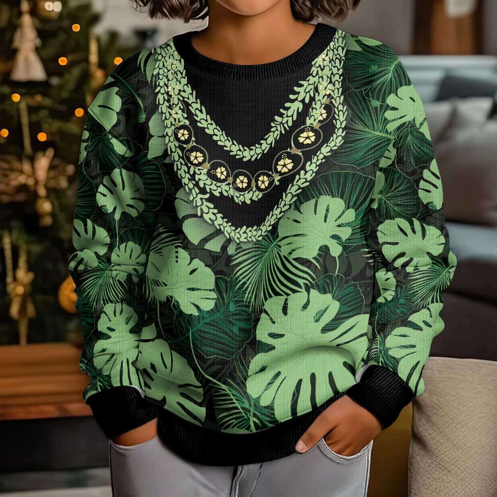 Green Hawaii Kukui Nut Lei Kid Ugly Christmas Sweater Hawaiian Pattern Monstera Tropical Vibes - Polynesian Pride