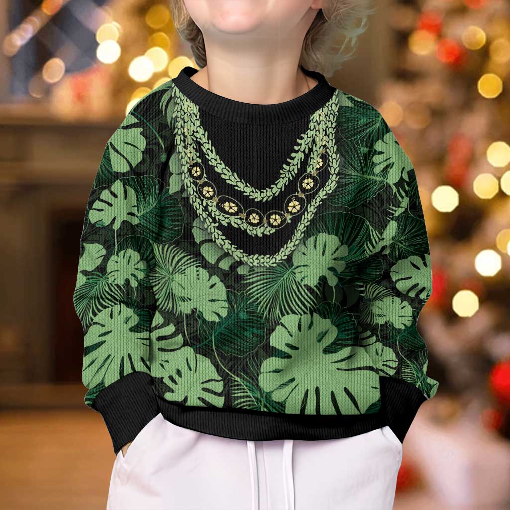 Green Hawaii Kukui Nut Lei Kid Ugly Christmas Sweater Hawaiian Pattern Monstera Tropical Vibes - Polynesian Pride