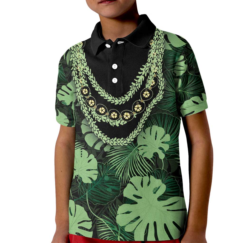 Green Hawaii Kukui Nut Lei Kid Polo Shirt Hawaiian Pattern Monstera Tropical Vibes - Polynesian Pride
