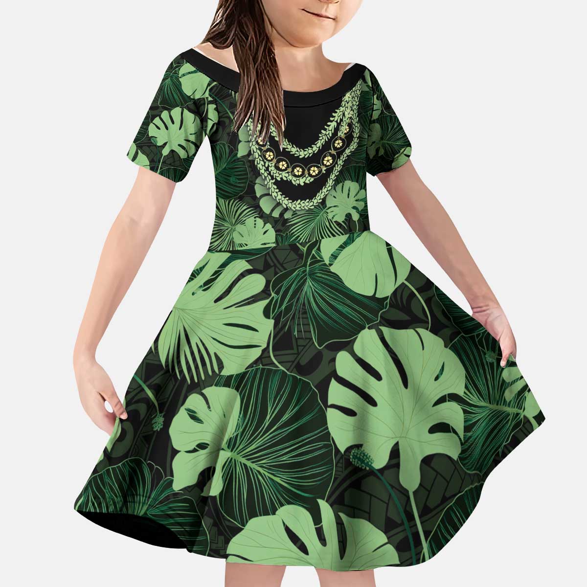 Green Hawaii Kukui Nut Lei Kid Short Sleeve Dress Hawaiian Pattern Monstera Tropical Vibes - Polynesian Pride