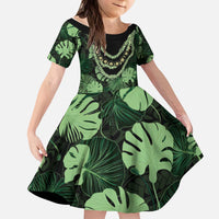 Green Hawaii Kukui Nut Lei Kid Short Sleeve Dress Hawaiian Pattern Monstera Tropical Vibes - Polynesian Pride