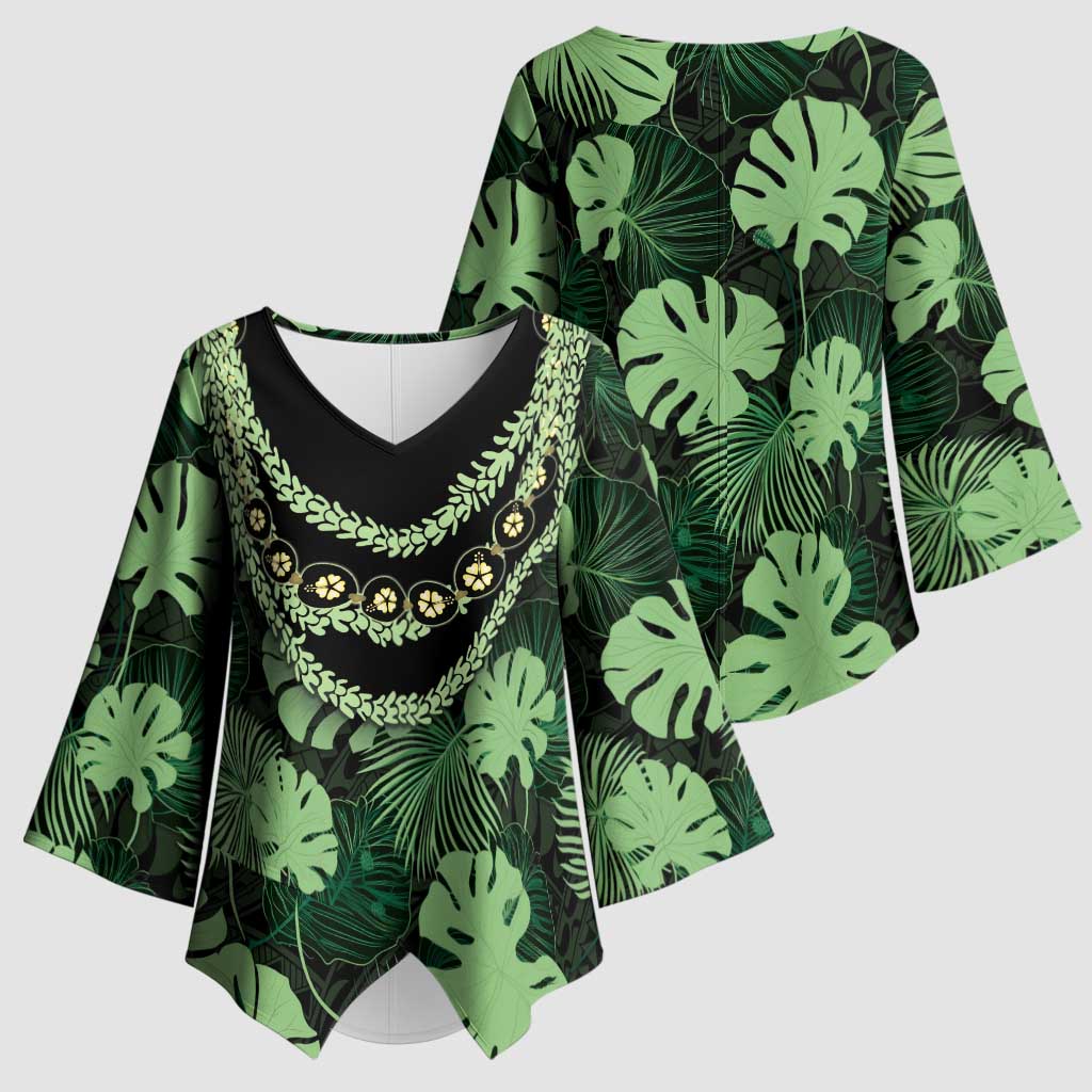Green Hawaii Kukui Nut Lei Kimono Sleeve Blouse Hawaiian Pattern Monstera Tropical Vibes - Polynesian Pride