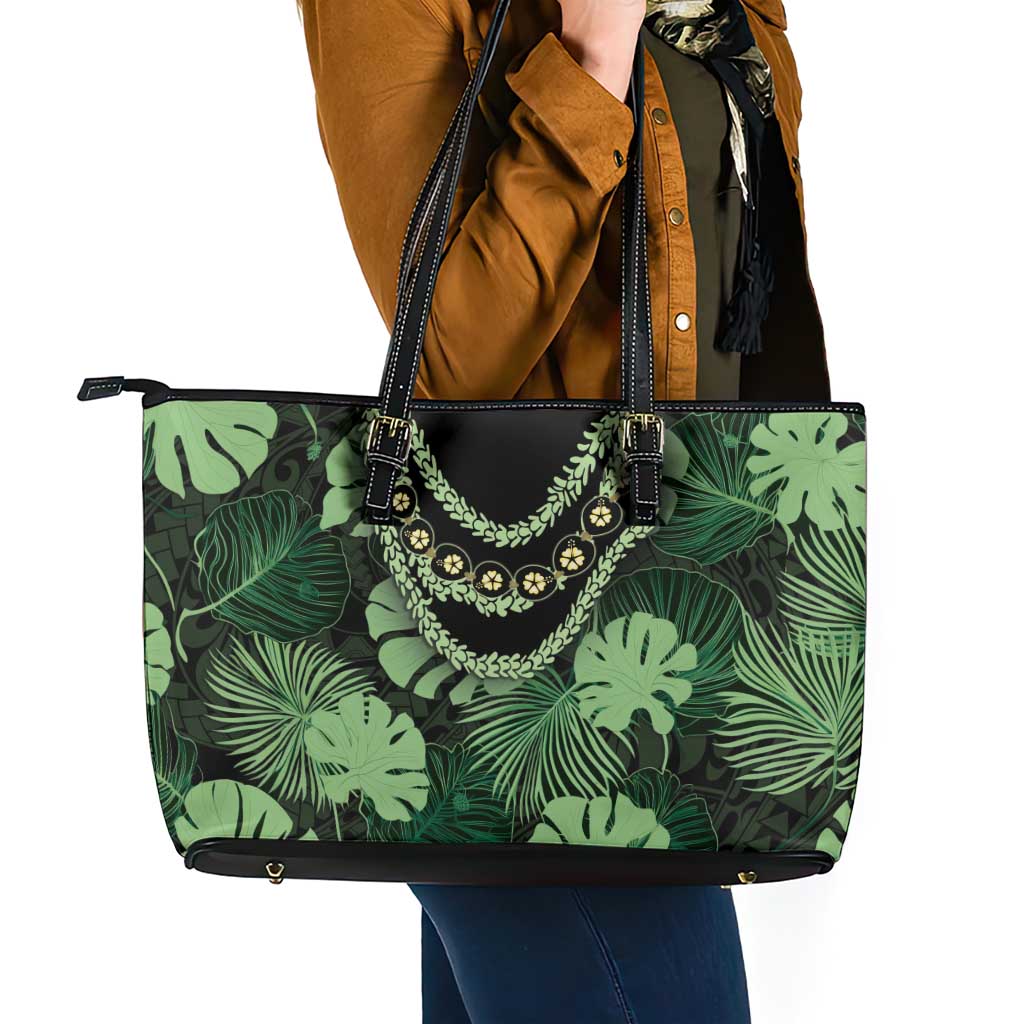 Green Hawaii Kukui Nut Lei Leather Tote Bag Hawaiian Pattern Monstera Tropical Vibes - Polynesian Pride