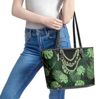 Green Hawaii Kukui Nut Lei Leather Tote Bag Hawaiian Pattern Monstera Tropical Vibes - Polynesian Pride