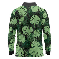 Green Hawaii Kukui Nut Lei Long Sleeve Polo Shirt Hawaiian Pattern Monstera Tropical Vibes - Polynesian Pride