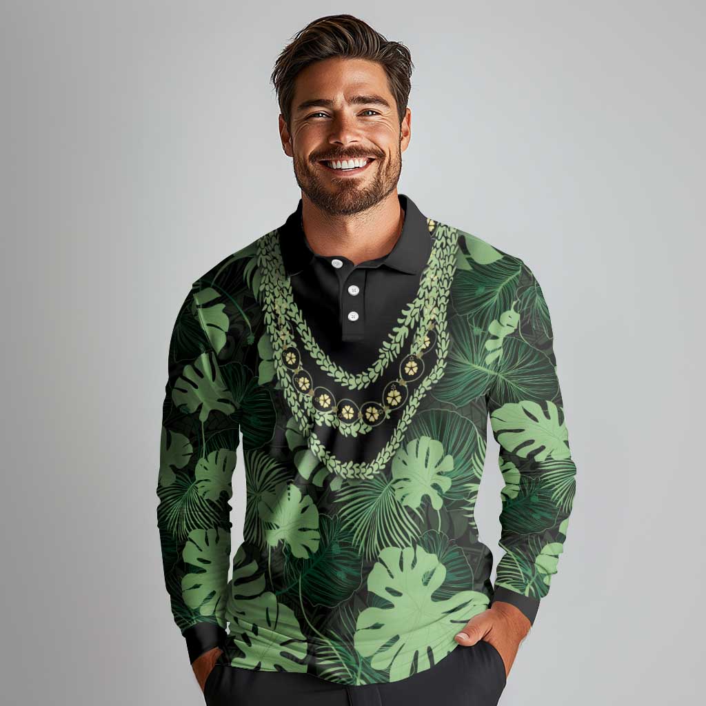 Green Hawaii Kukui Nut Lei Long Sleeve Polo Shirt Hawaiian Pattern Monstera Tropical Vibes - Polynesian Pride
