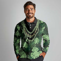 Green Hawaii Kukui Nut Lei Long Sleeve Polo Shirt Hawaiian Pattern Monstera Tropical Vibes - Polynesian Pride