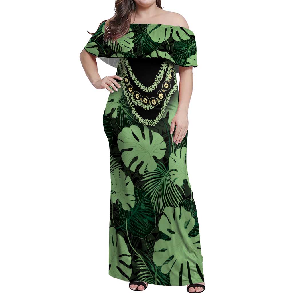 Green Hawaii Kukui Nut Lei Off Shoulder Maxi Dress Hawaiian Pattern Monstera Tropical Vibes - Polynesian Pride