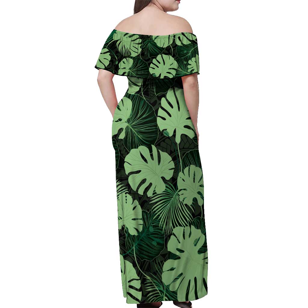 Green Hawaii Kukui Nut Lei Off Shoulder Maxi Dress Hawaiian Pattern Monstera Tropical Vibes - Polynesian Pride