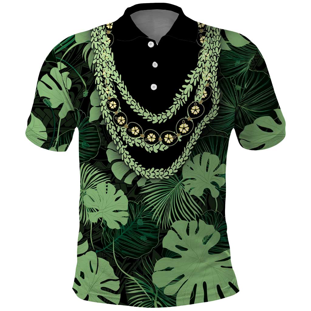 Green Hawaii Kukui Nut Lei Polo Shirt Hawaiian Pattern Monstera Tropical Vibes - Polynesian Pride
