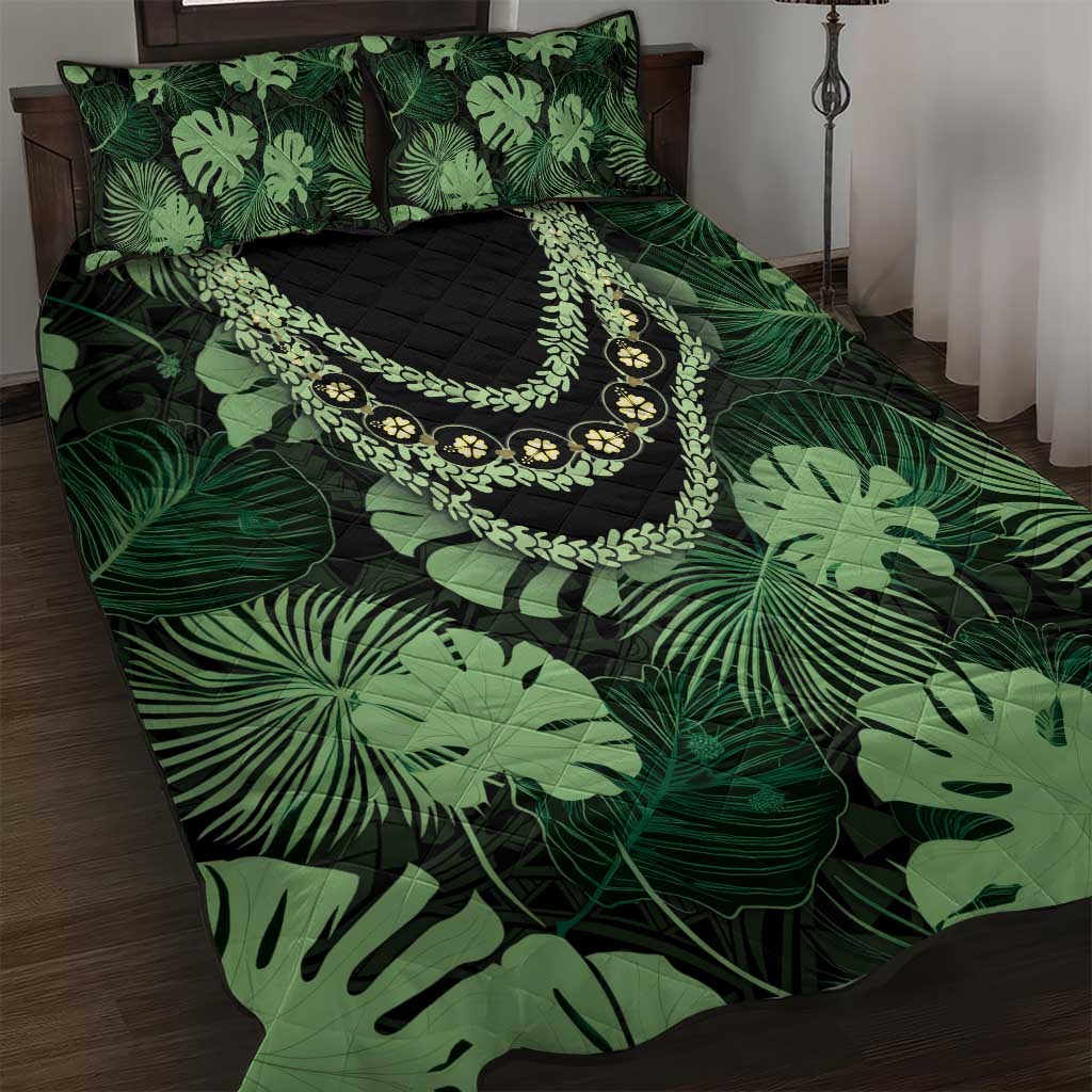 Green Hawaii Kukui Nut Lei Quilt Bed Set Hawaiian Pattern Monstera Tropical Vibes - Polynesian Pride
