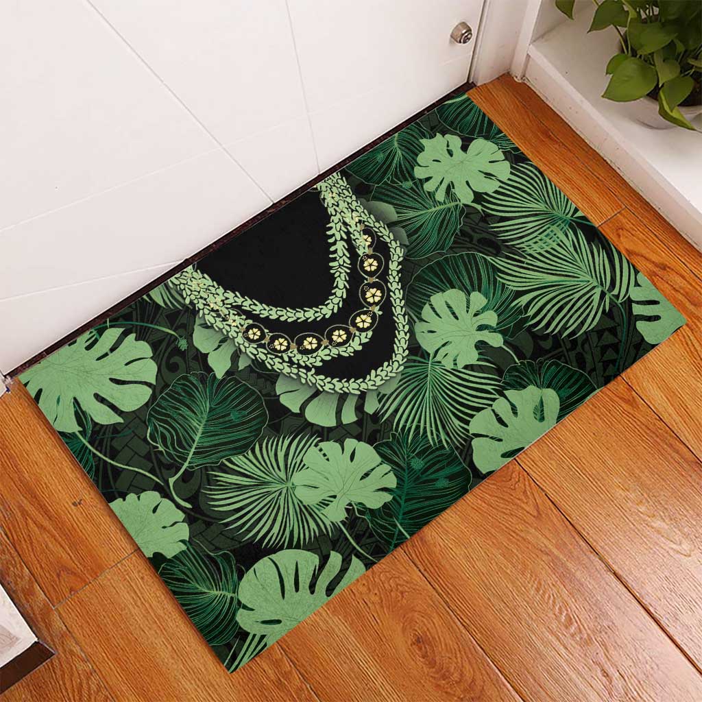 Green Hawaii Kukui Nut Lei Rubber Doormat Hawaiian Pattern Monstera Tropical Vibes - Polynesian Pride