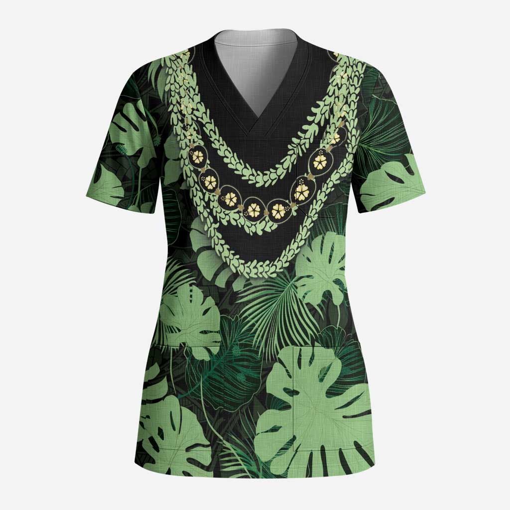 Green Hawaii Kukui Nut Lei Scrub Top Hawaiian Pattern Monstera Tropical Vibes - Polynesian Pride