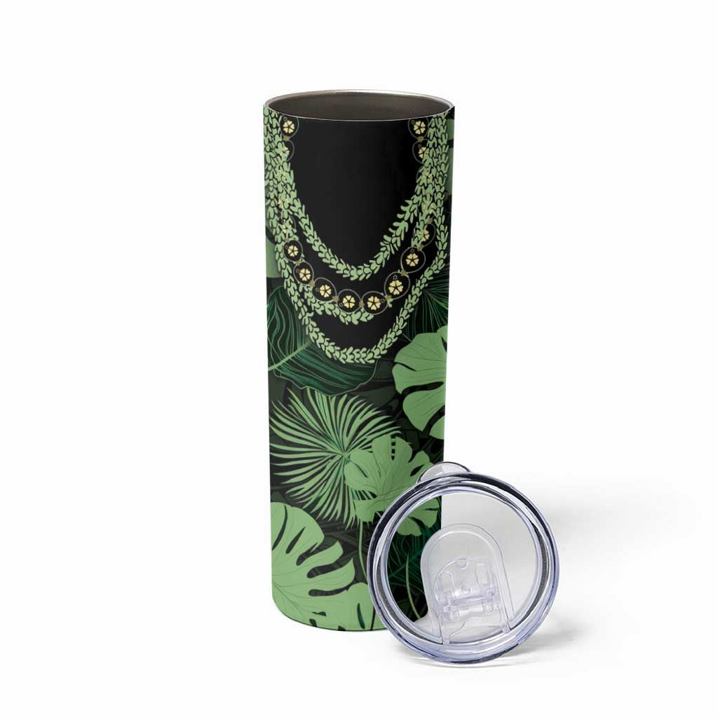 Green Hawaii Kukui Nut Lei Skinny Tumbler Hawaiian Pattern Monstera Tropical Vibes - Polynesian Pride