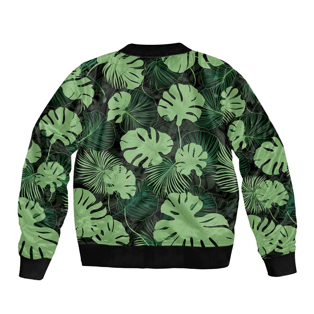 Green Hawaii Kukui Nut Lei Sleeve Zip Bomber Jacket Hawaiian Pattern Monstera Tropical Vibes - Polynesian Pride