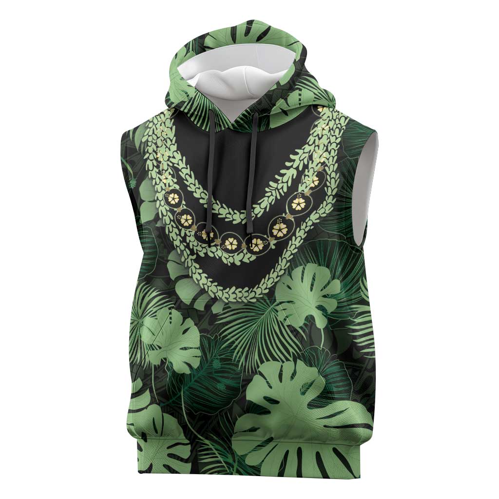 Green Hawaii Kukui Nut Lei Sleeveless Hoodie Hawaiian Pattern Monstera Tropical Vibes - Polynesian Pride