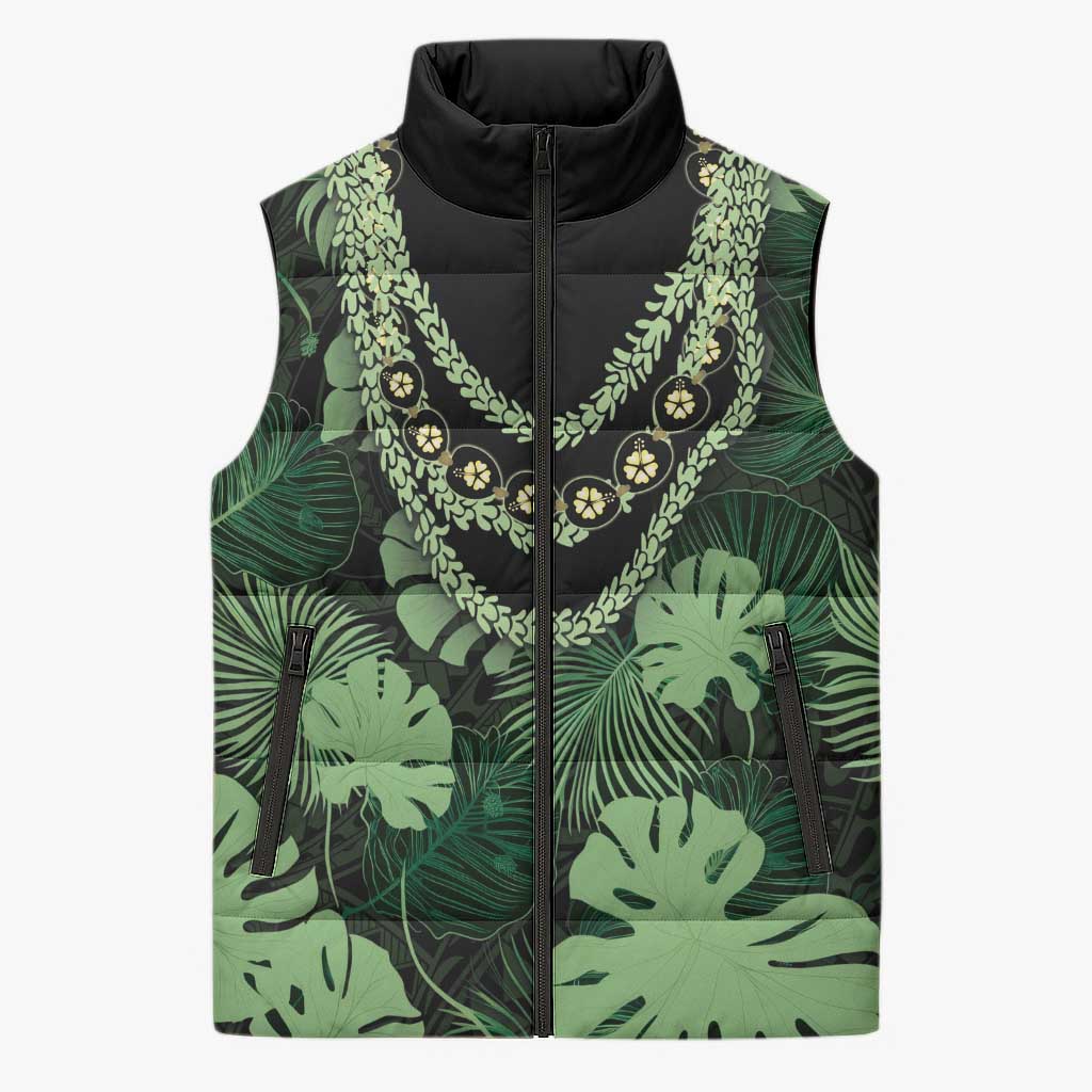 Green Hawaii Kukui Nut Lei Sleeveless Puffer Jacket Hawaiian Pattern Monstera Tropical Vibes - Polynesian Pride