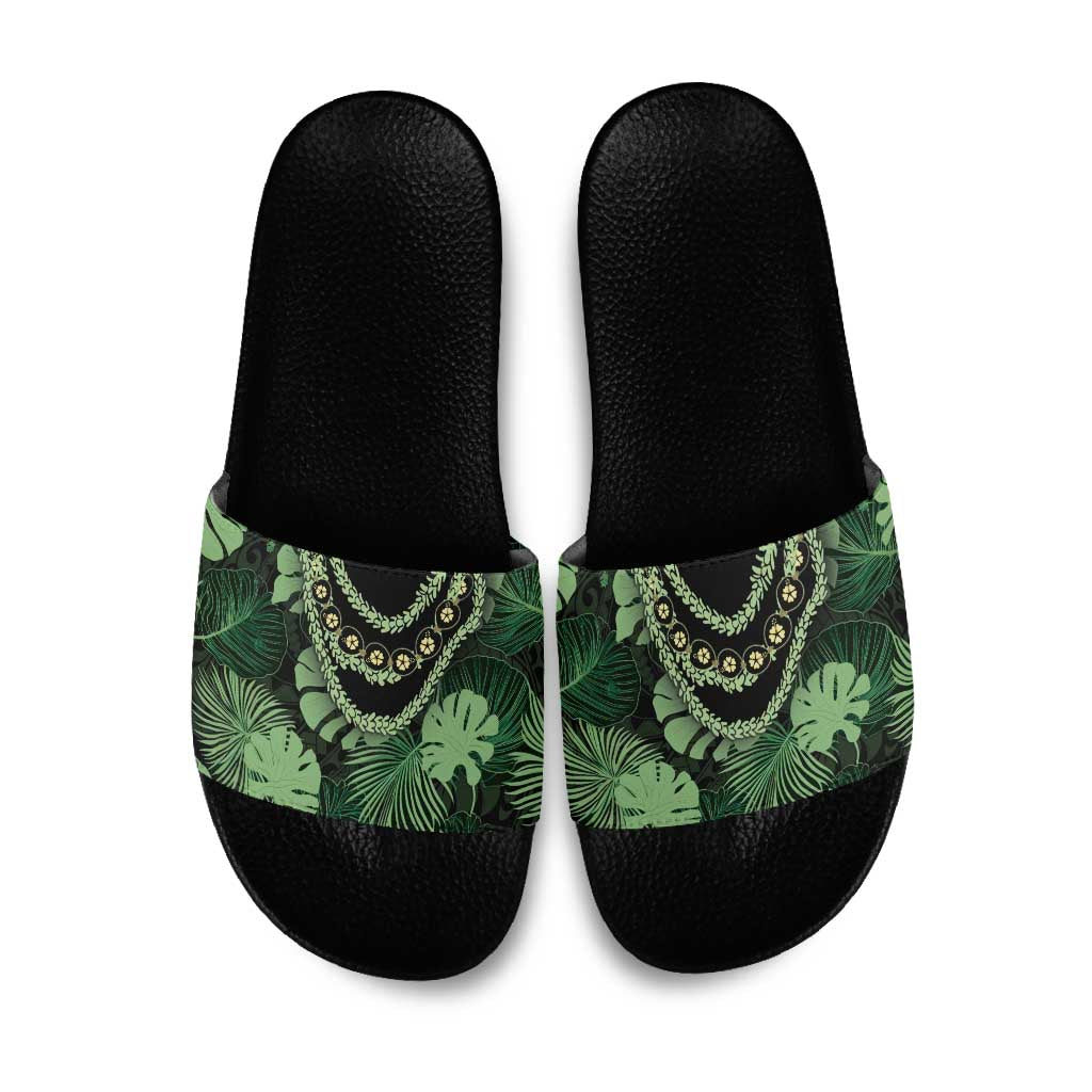 Green Hawaii Kukui Nut Lei Slide Sandals Hawaiian Pattern Monstera Tropical Vibes - Polynesian Pride