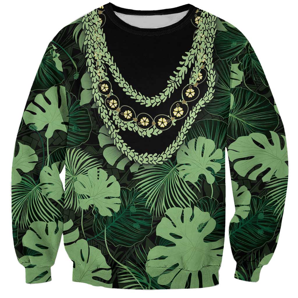 Green Hawaii Kukui Nut Lei Sweatshirt Hawaiian Pattern Monstera Tropical Vibes - Polynesian Pride