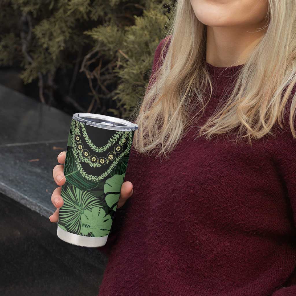 Green Hawaii Kukui Nut Lei Tumbler Cup Hawaiian Pattern Monstera Tropical Vibes - Polynesian Pride