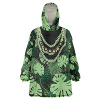 Green Hawaii Kukui Nut Lei Wearable Blanket Hoodie Hawaiian Pattern Monstera Tropical Vibes - Polynesian Pride