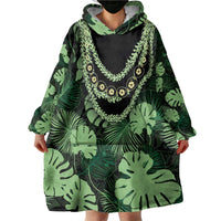 Green Hawaii Kukui Nut Lei Wearable Blanket Hoodie Hawaiian Pattern Monstera Tropical Vibes - Polynesian Pride