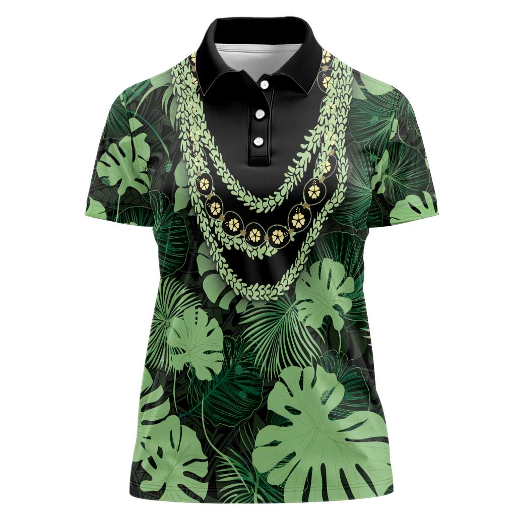 Green Hawaii Kukui Nut Lei Women Polo Shirt Hawaiian Pattern Monstera Tropical Vibes - Polynesian Pride