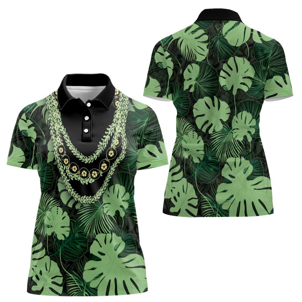 Green Hawaii Kukui Nut Lei Women Polo Shirt Hawaiian Pattern Monstera Tropical Vibes - Polynesian Pride