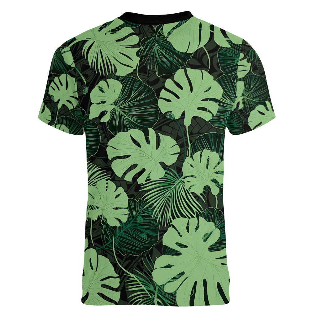 Green Hawaii Kukui Nut Lei Women V-Neck T-Shirt Hawaiian Pattern Monstera Tropical Vibes - Polynesian Pride