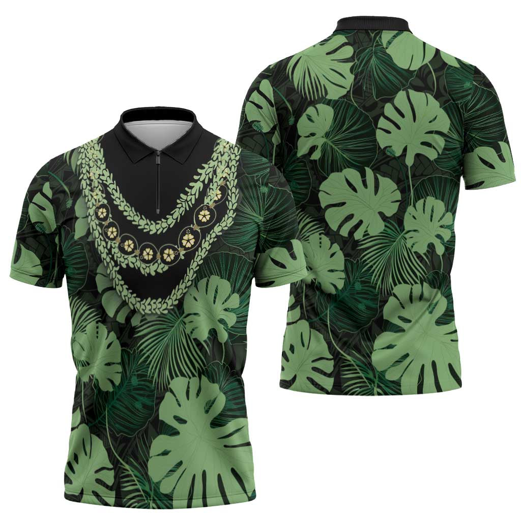 Green Hawaii Kukui Nut Lei Zipper Polo Shirt Hawaiian Pattern Monstera Tropical Vibes - Polynesian Pride