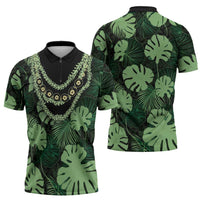 Green Hawaii Kukui Nut Lei Zipper Polo Shirt Hawaiian Pattern Monstera Tropical Vibes - Polynesian Pride