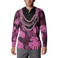Pink Hawaii Kukui Nut Lei Button Sweatshirt Hawaiian Pattern Monstera Tropical Vibes - Polynesian Pride