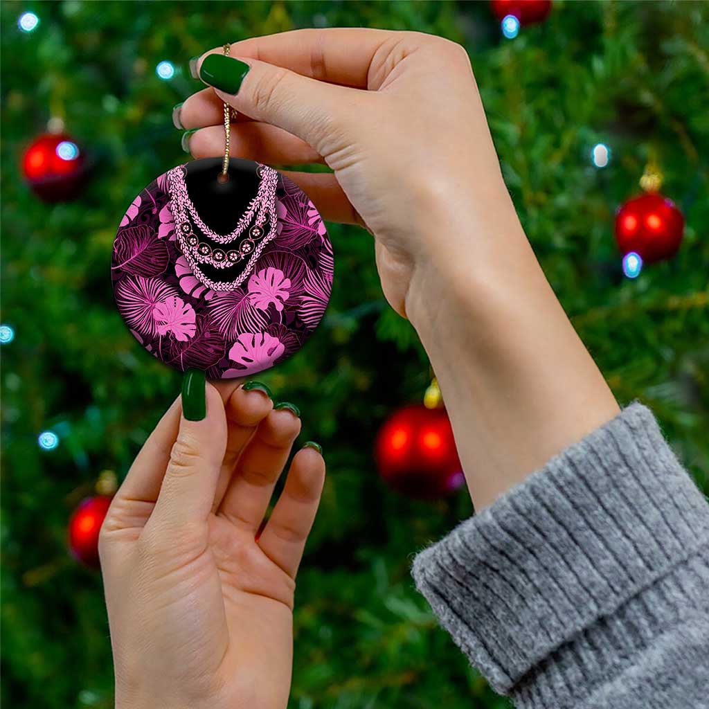 Pink Hawaii Kukui Nut Lei Ceramic Ornament Hawaiian Pattern Monstera Tropical Vibes - Polynesian Pride