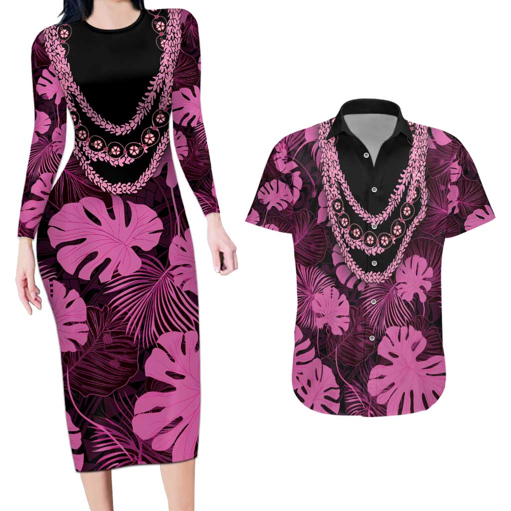 Pink Hawaii Kukui Nut Lei Couples Matching Long Sleeve Bodycon Dress and Hawaiian Shirt Hawaiian Pattern Monstera Tropical Vibes - Polynesian Pride