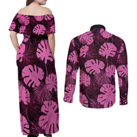 Pink Hawaii Kukui Nut Lei Couples Matching Off Shoulder Maxi Dress and Long Sleeve Button Shirt Hawaiian Pattern Monstera Tropical Vibes - Polynesian Pride