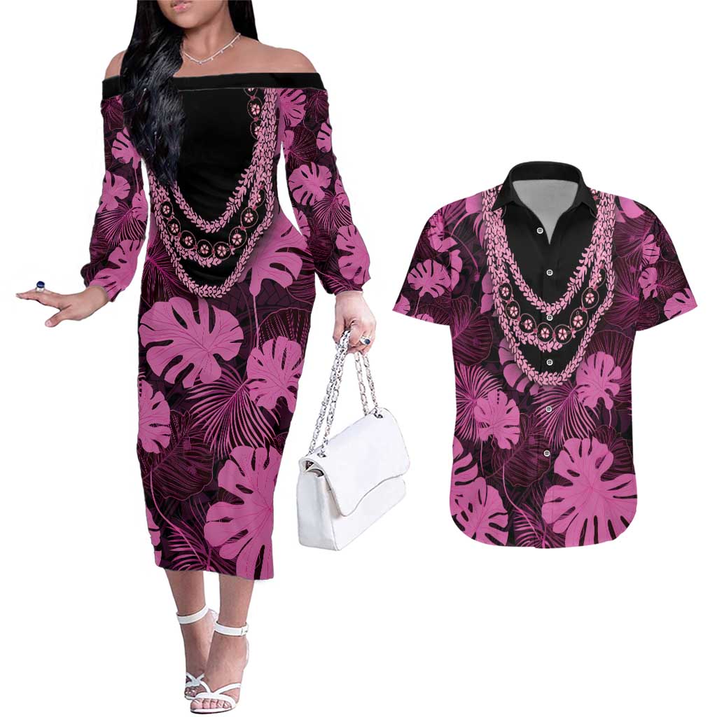 Pink Hawaii Kukui Nut Lei Couples Matching Off The Shoulder Long Sleeve Dress and Hawaiian Shirt Hawaiian Pattern Monstera Tropical Vibes - Polynesian Pride