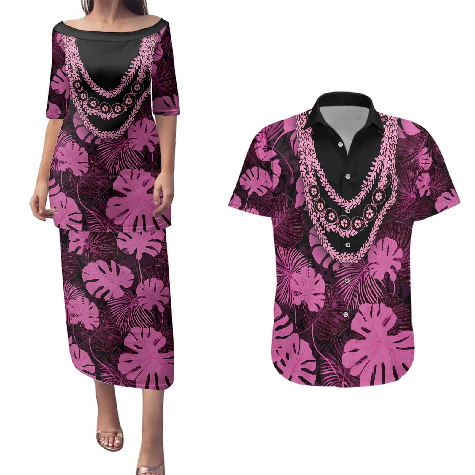 Pink Hawaii Kukui Nut Lei Couples Matching Puletasi and Hawaiian Shirt Hawaiian Pattern Monstera Tropical Vibes - Polynesian Pride