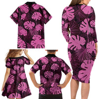 Pink Hawaii Kukui Nut Lei Family Matching Long Sleeve Bodycon Dress and Hawaiian Shirt Hawaiian Pattern Monstera Tropical Vibes - Polynesian Pride