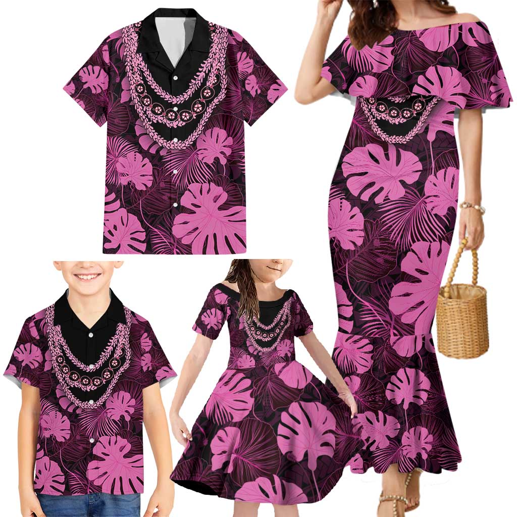 Pink Hawaii Kukui Nut Lei Family Matching Mermaid Dress and Hawaiian Shirt Hawaiian Pattern Monstera Tropical Vibes - Polynesian Pride