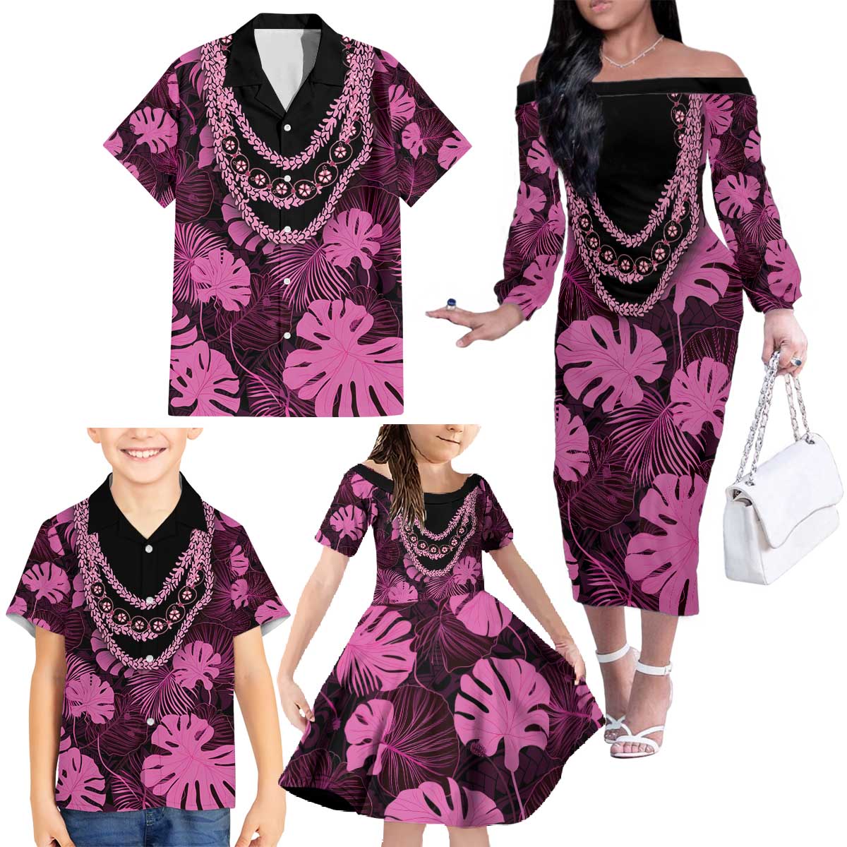 Pink Hawaii Kukui Nut Lei Family Matching Off The Shoulder Long Sleeve Dress and Hawaiian Shirt Hawaiian Pattern Monstera Tropical Vibes - Polynesian Pride