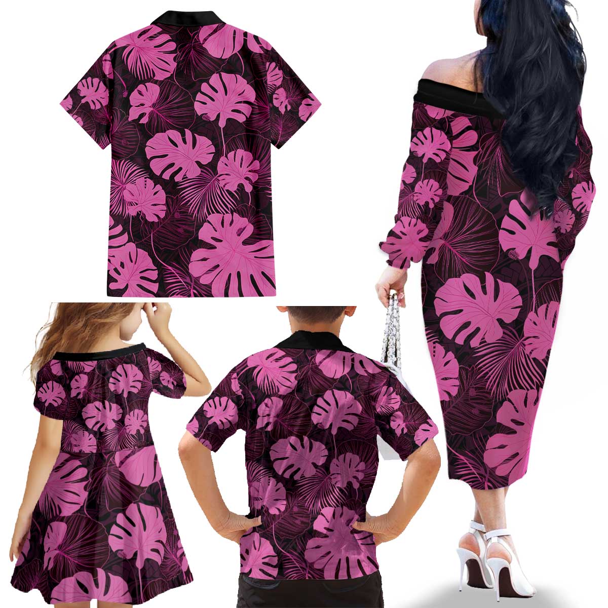 Pink Hawaii Kukui Nut Lei Family Matching Off The Shoulder Long Sleeve Dress and Hawaiian Shirt Hawaiian Pattern Monstera Tropical Vibes - Polynesian Pride