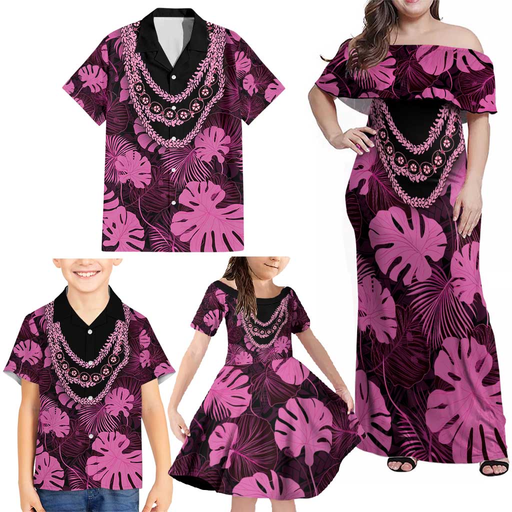 Pink Hawaii Kukui Nut Lei Family Matching Off Shoulder Maxi Dress and Hawaiian Shirt Hawaiian Pattern Monstera Tropical Vibes - Polynesian Pride