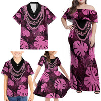 Pink Hawaii Kukui Nut Lei Family Matching Off Shoulder Maxi Dress and Hawaiian Shirt Hawaiian Pattern Monstera Tropical Vibes - Polynesian Pride