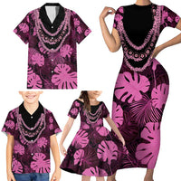 Pink Hawaii Kukui Nut Lei Family Matching Short Sleeve Bodycon Dress and Hawaiian Shirt Hawaiian Pattern Monstera Tropical Vibes - Polynesian Pride