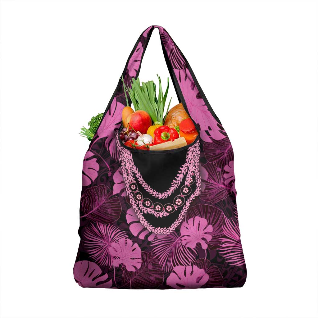 Pink Hawaii Kukui Nut Lei Grocery Bag Hawaiian Pattern Monstera Tropical Vibes - Polynesian Pride
