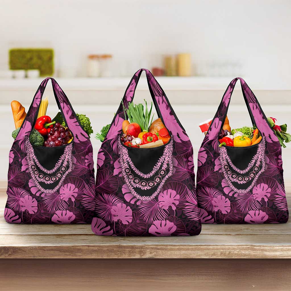 Pink Hawaii Kukui Nut Lei Grocery Bag Hawaiian Pattern Monstera Tropical Vibes - Polynesian Pride