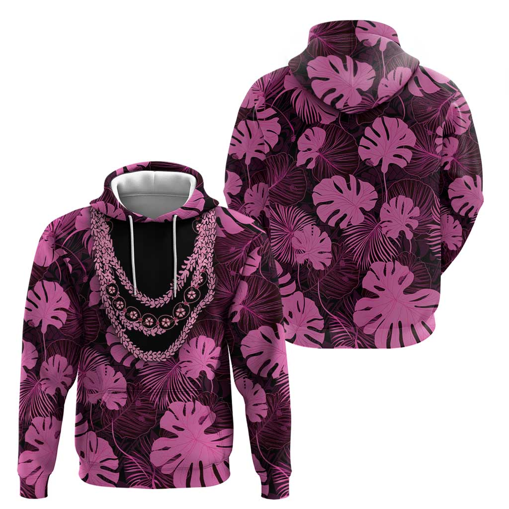 Pink Hawaii Kukui Nut Lei Hoodie Hawaiian Pattern Monstera Tropical Vibes - Polynesian Pride
