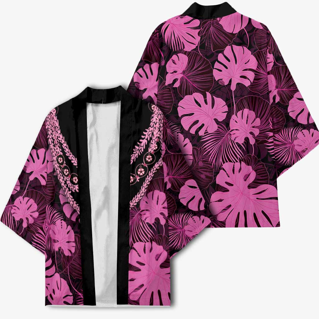 Pink Hawaii Kukui Nut Lei Kimono Hawaiian Pattern Monstera Tropical Vibes - Polynesian Pride
