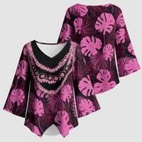 Pink Hawaii Kukui Nut Lei Kimono Sleeve Blouse Hawaiian Pattern Monstera Tropical Vibes - Polynesian Pride